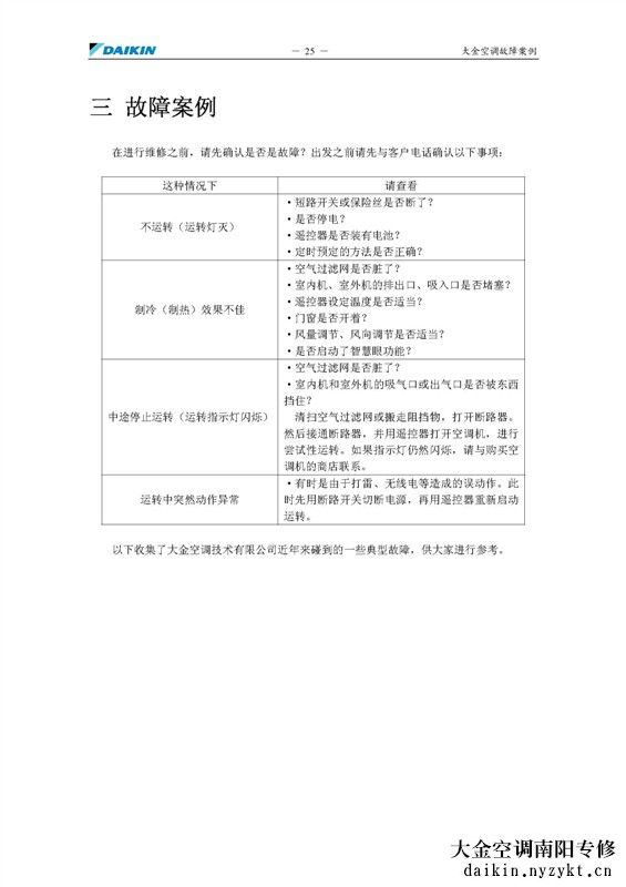 大金中央空调常见故障处理方法
